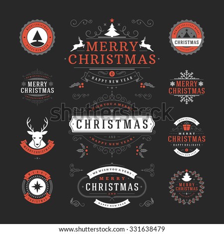 Christmas Labels and Badges Vector Design. Decorations elements, Symbols, Icons, Frames, Ornaments and Ribbons, set. Typographic Merry Christmas and Happy Holidays wishes.