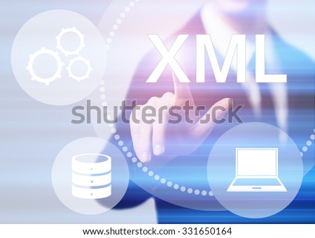 business, technology and internet concept - businessman pressing xml button on virtual screens