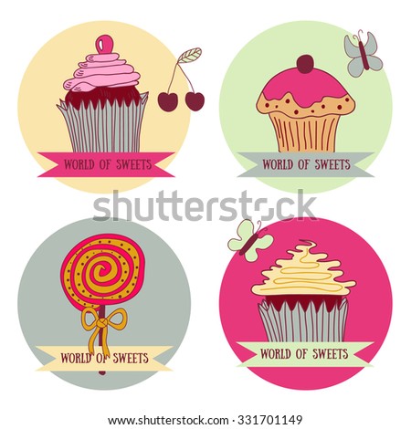 Set of four spot graphics elements: cupcakes and lollipop with ribbon and cute decoration. Vector illustration for fabric design, textile, web design, wallpaper, wedding design and etc.