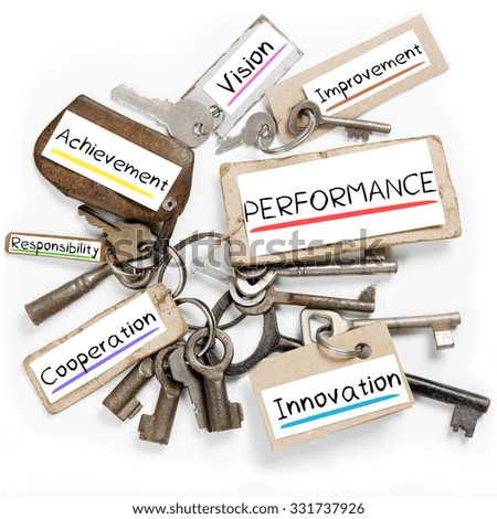 Photo of key bunch and paper tags with PERFORMANCE conceptual words