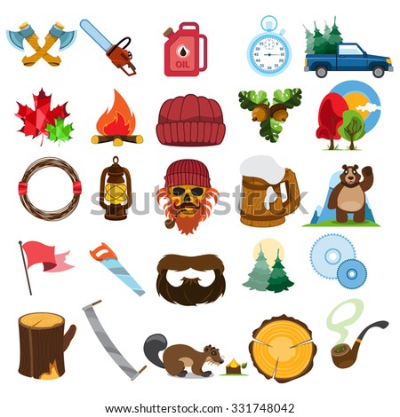 Lumberjack icons, lumberjack symbols, lumberjack characters with tools, sawmill