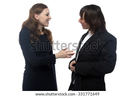 Woman and man in black jacket talking. Isolated photo with white background.