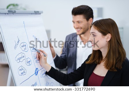 male and female business colleagues brainstorming inside the workplace