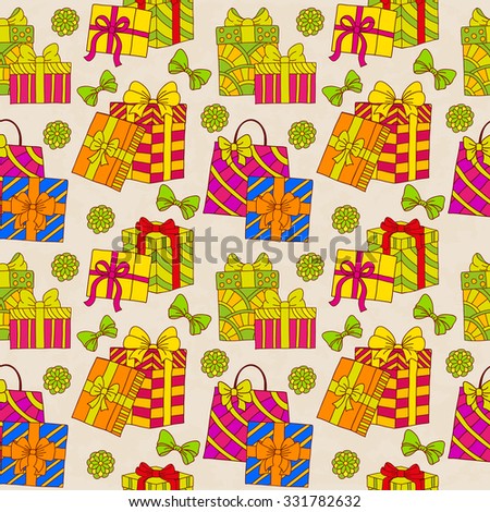 Seamless pattern with gift boxes with bows and ribbons. Doodle style. Wrapping paper.