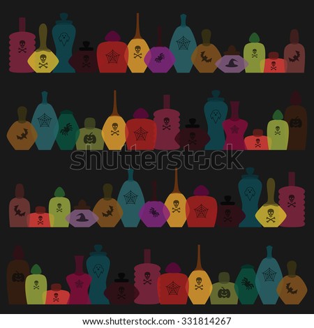Vector art for Halloween. Stylish illustration - colorful bottles with potions, halloween party, cocktail menu