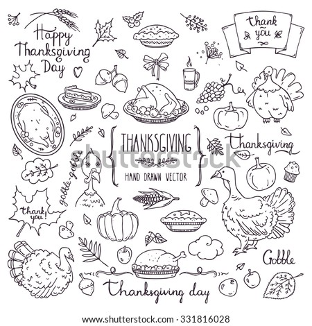 Thanksgiving traditional symbols in doodle style. Collection of hand drawn design elements for greeting card, invitation, poster templates: food and drink, pumpkin pie, turkey, corn, lettering. 