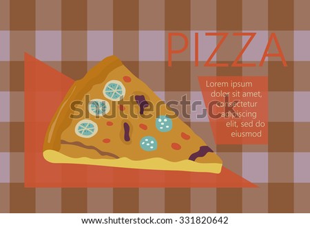 Fast food vector illustration with pizza. Design elements for print, web, and other uses. Colorful stylish fast food icon on colored background with place for text and caption.