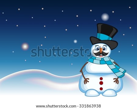 Snowman with mustache wearing a hat and blue scarf for your design vector illustration
