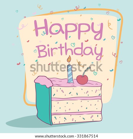 Slice Birthday Cake With Cherry And Candle On Cute Background