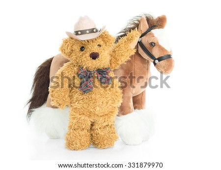 Cowboy Teddy bear and horses on white background