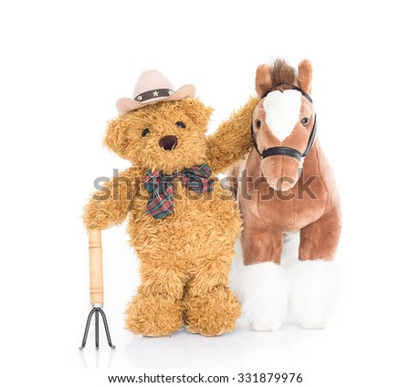 Teddy bear 
farmer with pitchfork  and horse on white background