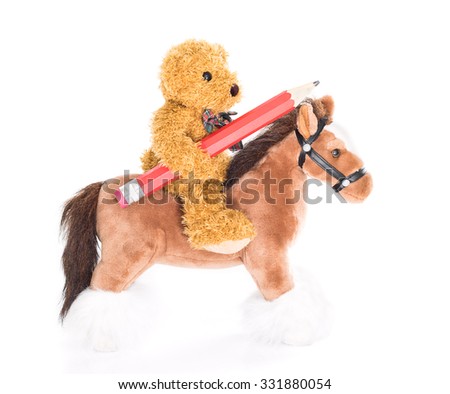 Teddy bear ride a horse and hold pencil on white background
