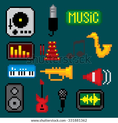Music icons set. Pixel art. Old school computer graphic style.
