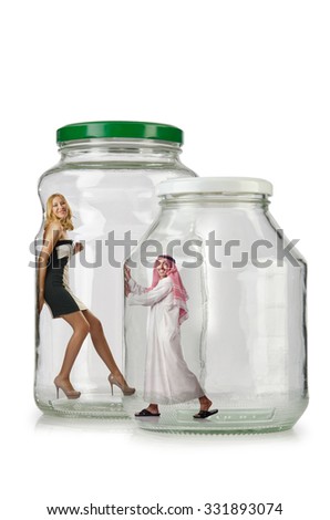 People trapped in the glass jar