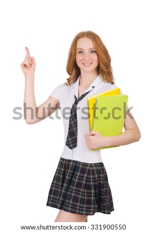 Young student female pointing isolated on white