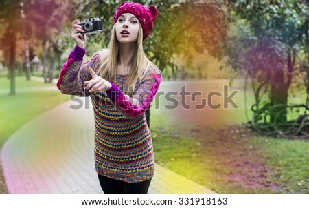 The autumn orange photographer, positive emotions, the girl with a camera