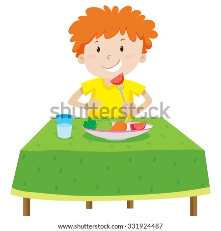 Little boy eating on the table illustration
