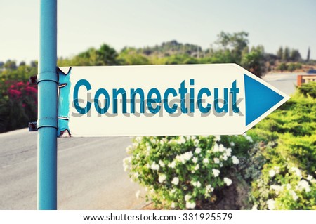Connecticut Road Sign with beautiful nature and road on background. United States of America