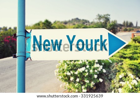 New Yourk Road Sign with beautiful nature and road on background. United States of America