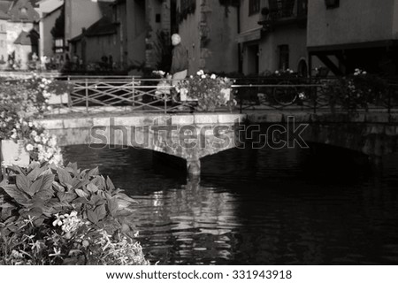 Blurred view of  picturesque old town of Annecy (France) at sunset in cloudy day. Majestic game of  contrasting light and shadow. Selective focus on the decorative plants. Aged photo. Black and white