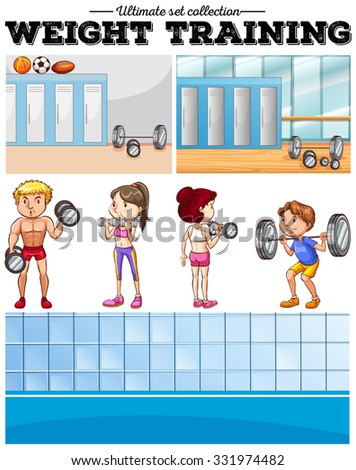 People doing weight training and locker room illustration