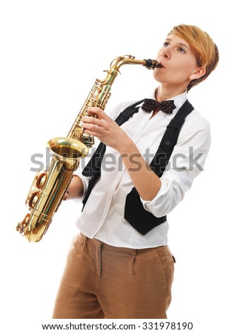 Young woman professionally plays jazz on saxophone in front of white background