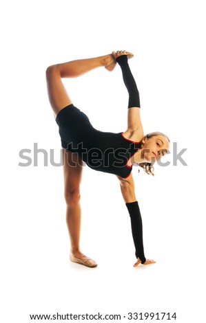 Girl doing gymnastic exercise isolated on white background