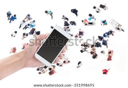 Hand holding smart phone on people shopping background