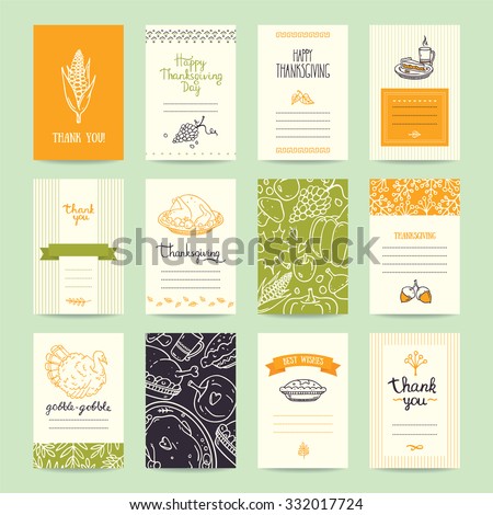 Thanksgiving party invitation and greeting card, flyer, banner, poster templates. Hand drawn traditional symbols, cute design elements, handwritten ink lettering. Orange and green vector collection.