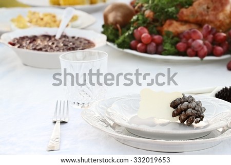 Thanksgiving Holiday table setting with cranberry sauce, deviled eggs and roast turkey in background. Blank note card placed on plate. Extreme shallow DOF with selective focus on center of plate.
