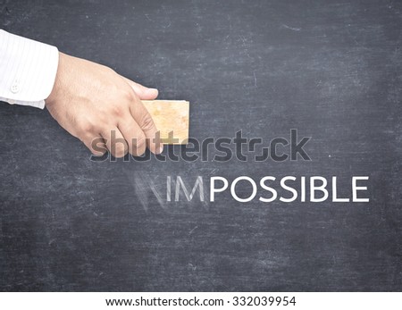 Businessman hand changing the word impossible to possible. Alphabet I, M being erased from a chalkboard. Change concept.