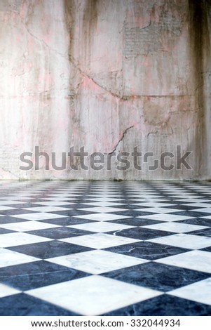 Grey concrete wall with tile floor. background, Copy space