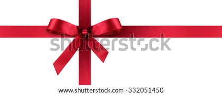 Red Satin Gift Ribbon with Decorative Bow - Horizontal Panorama Banner - Christmas, Easter, Birthday and Valentine Decor - Isolated on White Background - For Gift Coupon, Gift Certificate and Bonus
