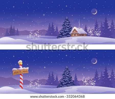 Vector cartoon illustration of Christmas night banners with a North Pole sign and snow covered house