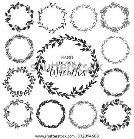 Vintage set of hand drawn rustic wreaths. Floral vector graphic. Nature design elements.
