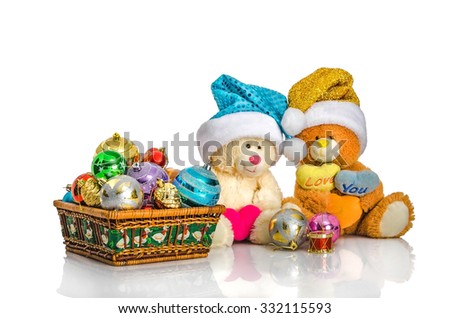 Christmas toys and decorations, teddy bear in santa hat. New year