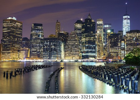 Manhattan waterfront at night, New York City, USA.