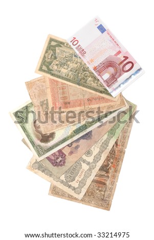 Bills of the money are put by semicircle on white background, ten euro