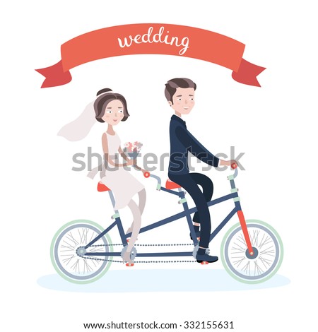 Vector illustration of wedding couple riding on tandem bike and hand writing lettering on red ribbon