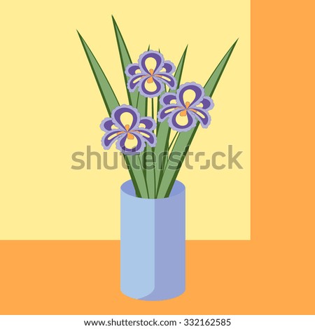 Illustration of bouquet of iris flowers. Card of purple abstract flowers with leaves in blue vase. 