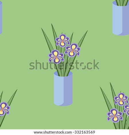 Seamless pattern with bouquets of iris flowers in blue vase on the green background. Vintage texture. Botanical backdrop.