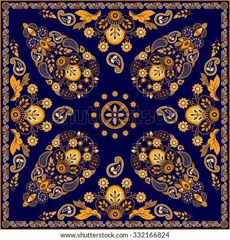 Dark blue and gold ornamental square paisley design