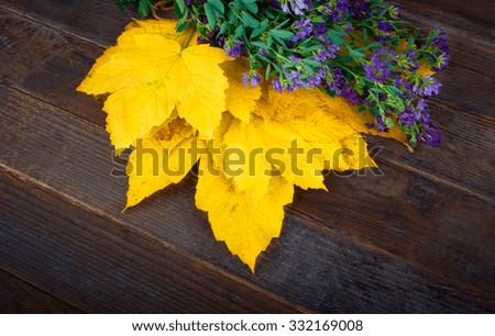 Autumn leaves background yellow and flowers on a wooden background