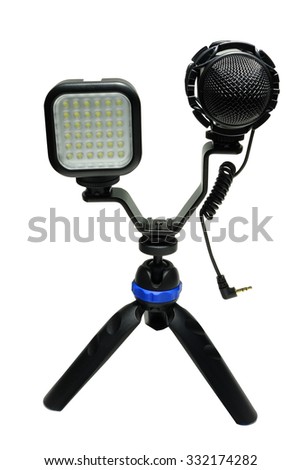 Led light and Microphones on the stand white background.
