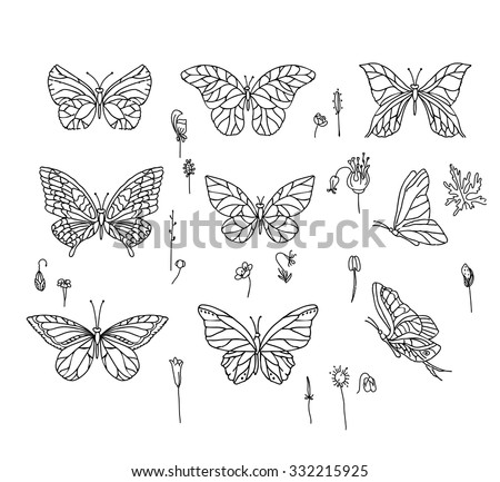 Set with different butterflies. Black and white.  For your design, announcements, postcards, posters.