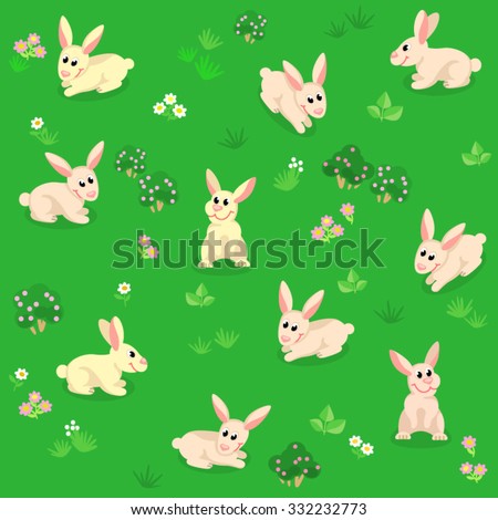 Seamless pattern of summer meadow with rabbits between flowers / Seamless pattern of summer meadow in flat and cartoon style

