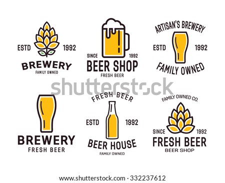 Set of linear brewery logos. Labels with bottles and hops  Royalty-Free Stock Photo #332237612