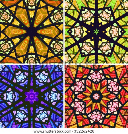 Set of stained glass patterns. Four seamless symmetrical background templates.  Multicolored vivid design element. Bright and beautiful kaleidoscopic texture for design uses