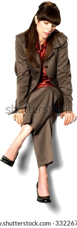 Curious Caucasian woman with long dark brown hair in business formal outfit leaning - Isolated