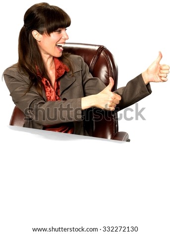 Excited Caucasian woman with long dark brown hair in business formal outfit cheering - Isolated